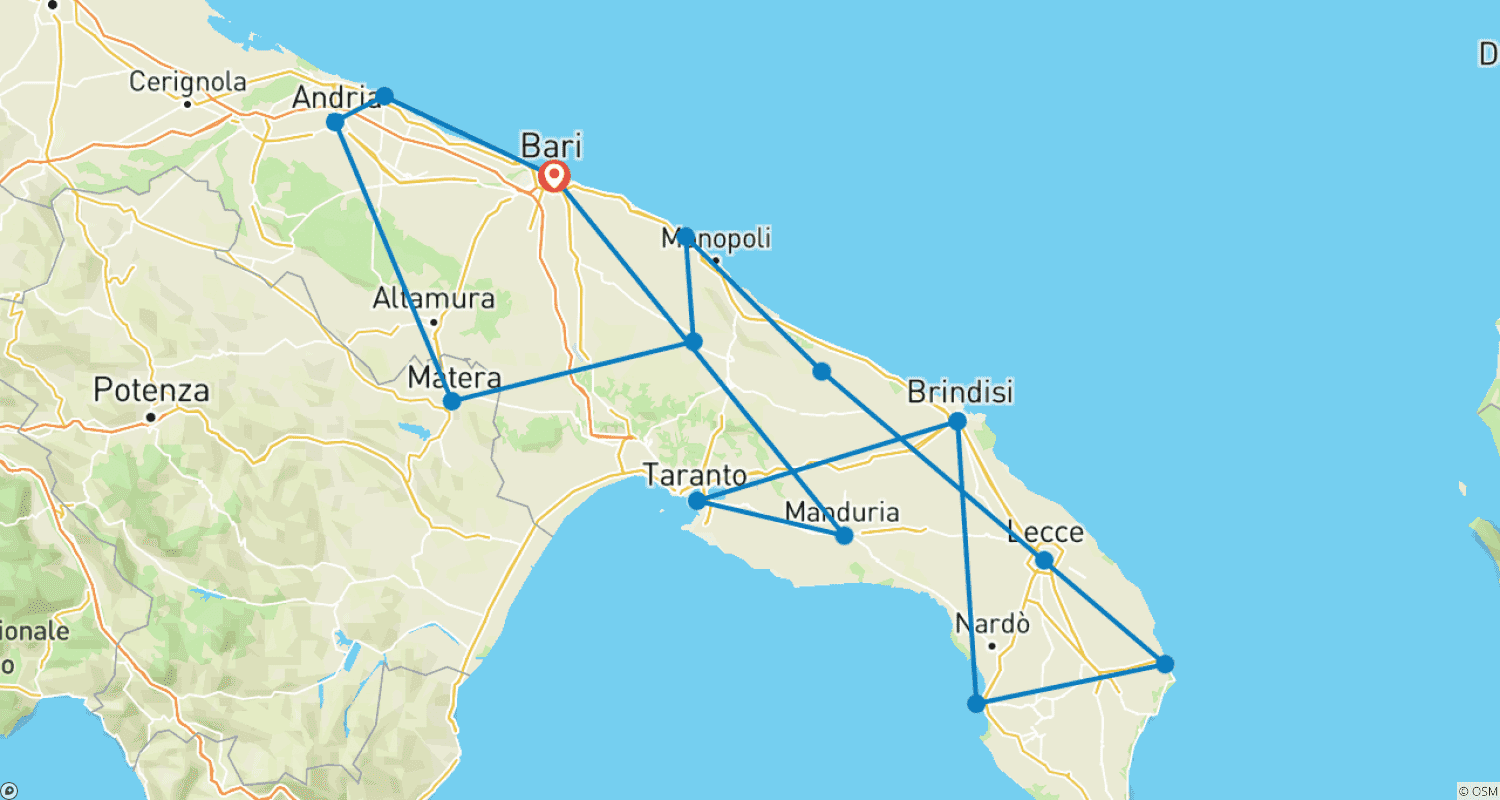 Mapa trasy: Wycieczka po Apulii i Materze, 10 dni z Bari w małej grupie, w każdą niedzielę