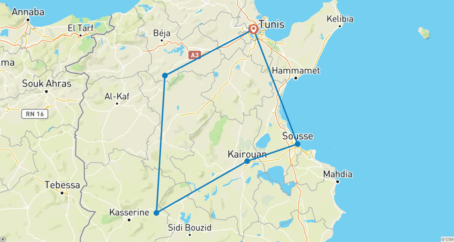 Mapa do percurso de Tunisia: A Mosaic of History – From Carthage to Kairouan, 8 Days at the Heart of Civilizations