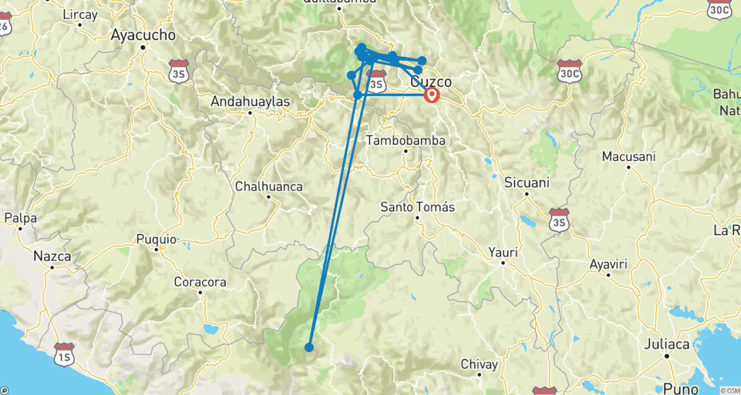 Mapa do percurso de Trilha Salkantay e Inca para Machu Picchu – 7 Dias / 6 Noites