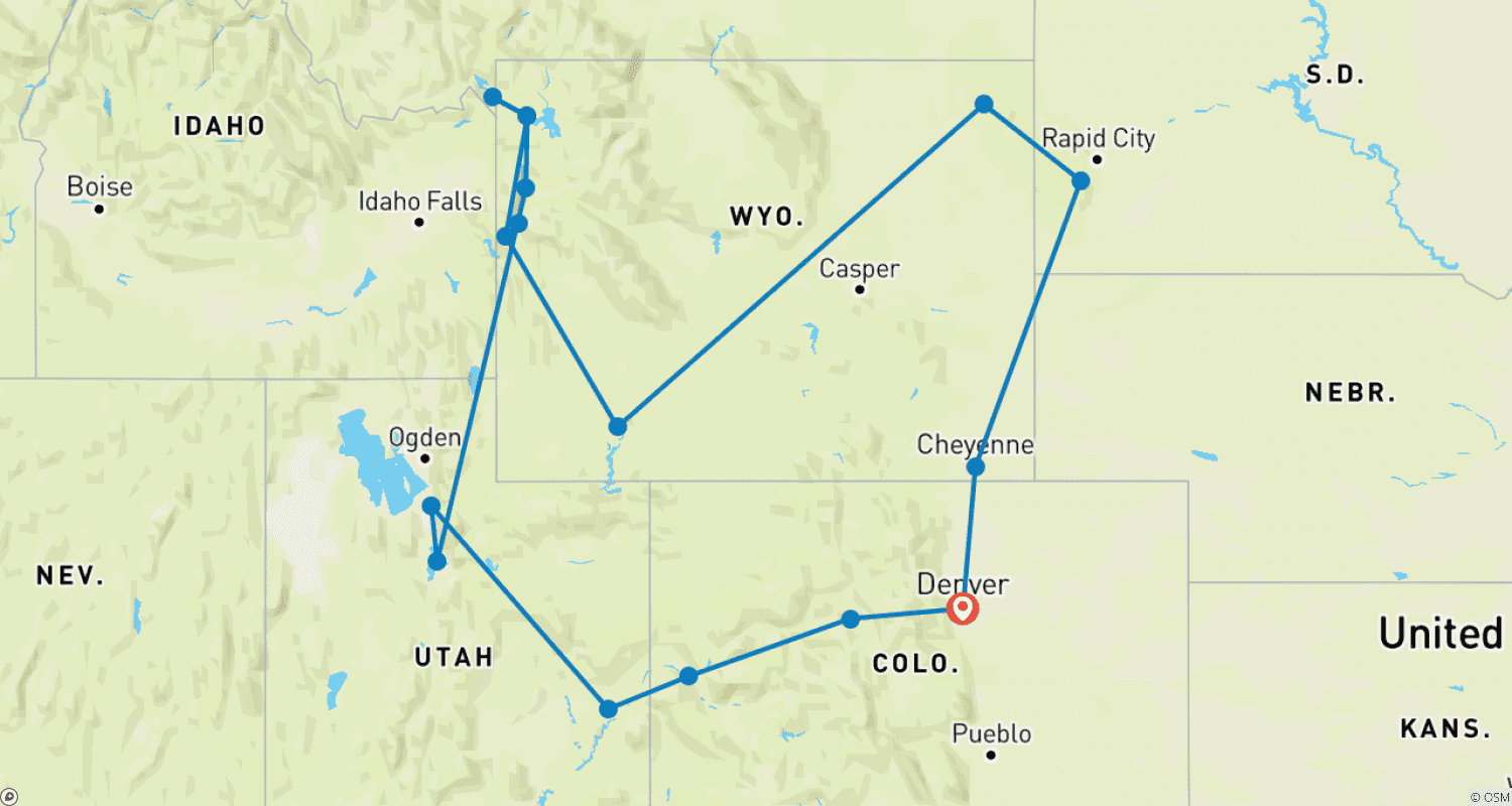 Mapa trasy: 7-dniowa wycieczka po Denver, Crazy Horse, Mount Rushmore, Yellowstone National Park, Grand Teton National Park oraz Salt Lake City (dwujęzyczna: angielski+chiński)