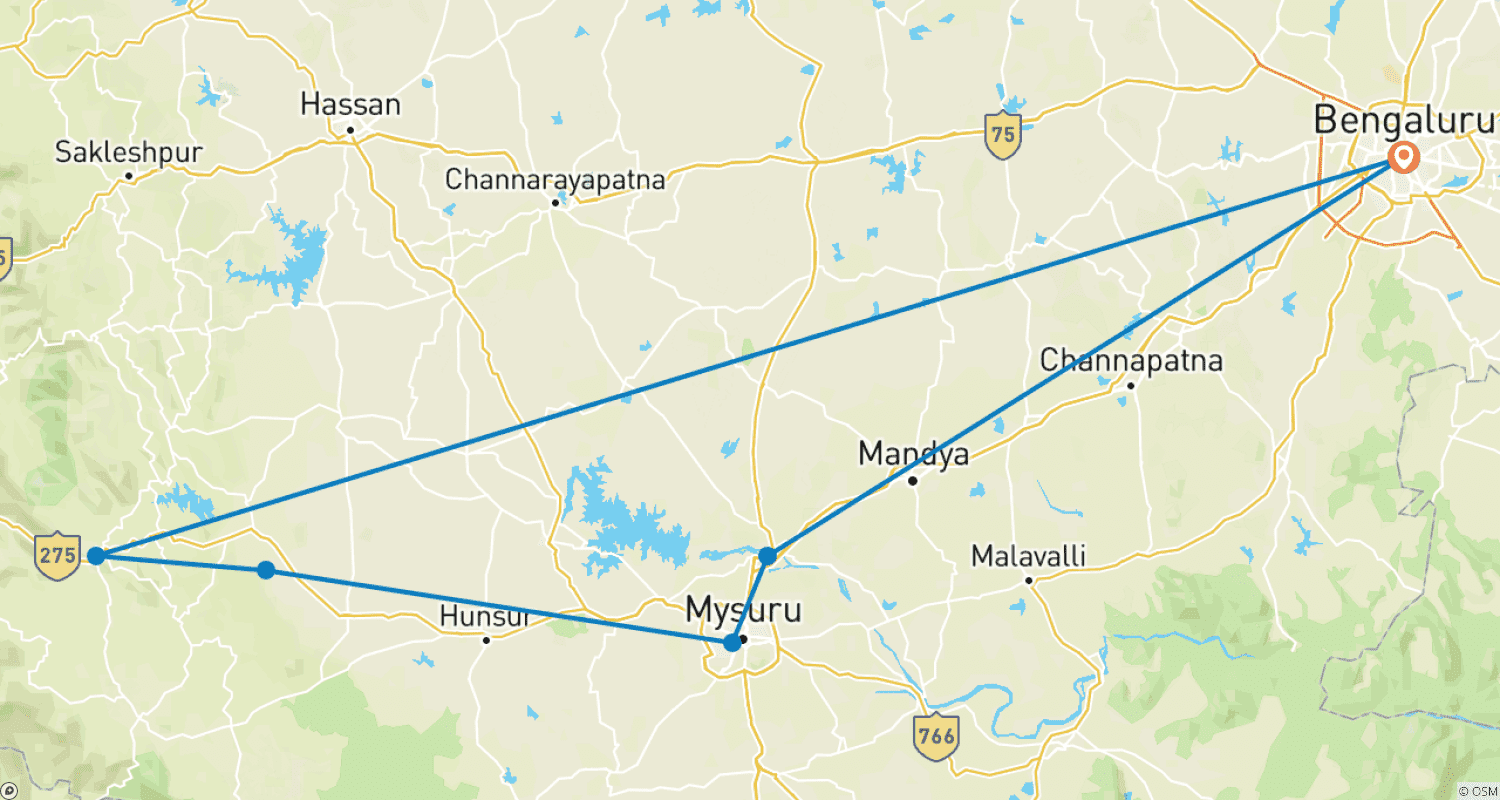 Mapa do percurso de Excursão de 5 Dias para Descobrir o Sul da Índia – Bangalore, Mysuru & Coorg