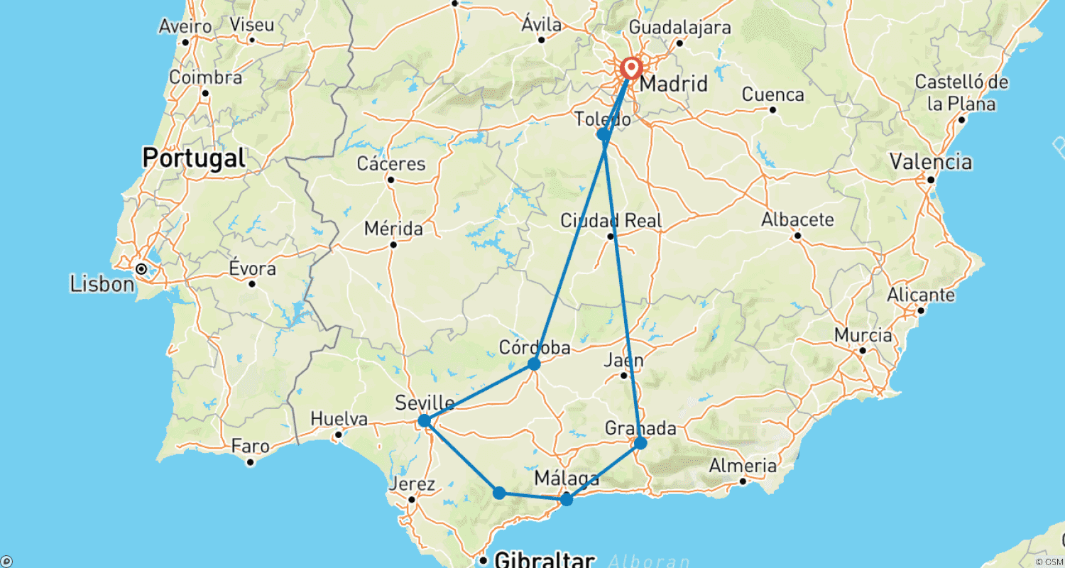 Mapa trasy: 8-dniowa południowa Hiszpania z Madrytu