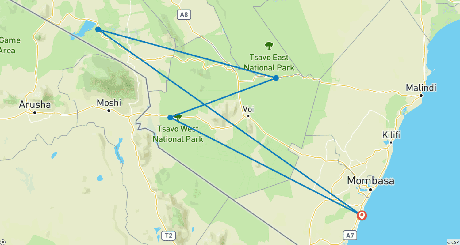 Mapa do percurso de Safári de 4 Dias em Tsavo West/Tsavo East e Amboseli saindo de Diani