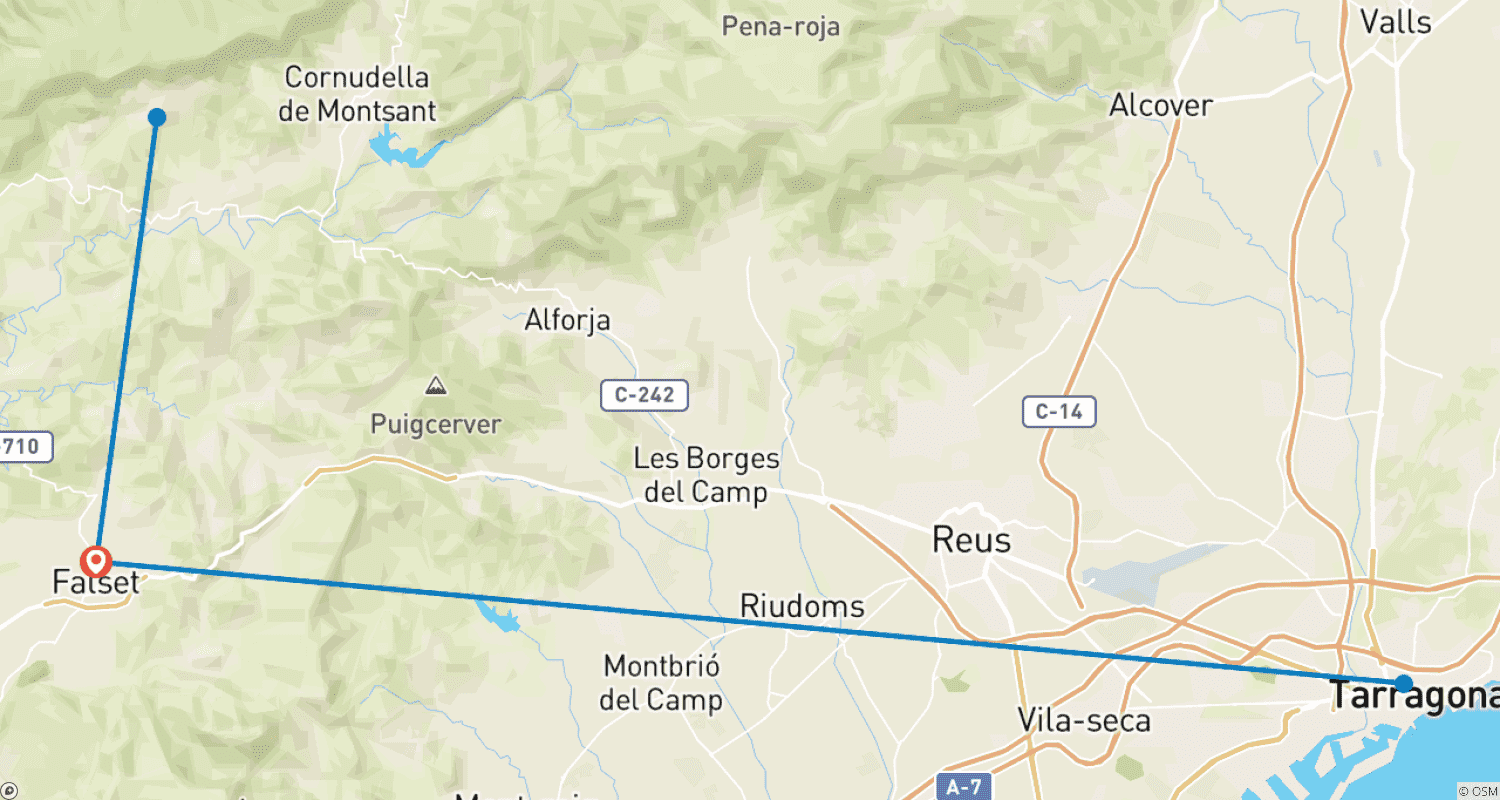Mapa do percurso de Caminhada do Vinho WalkingWomen em Priorat, Norte da Espanha (Somente para Mulheres)