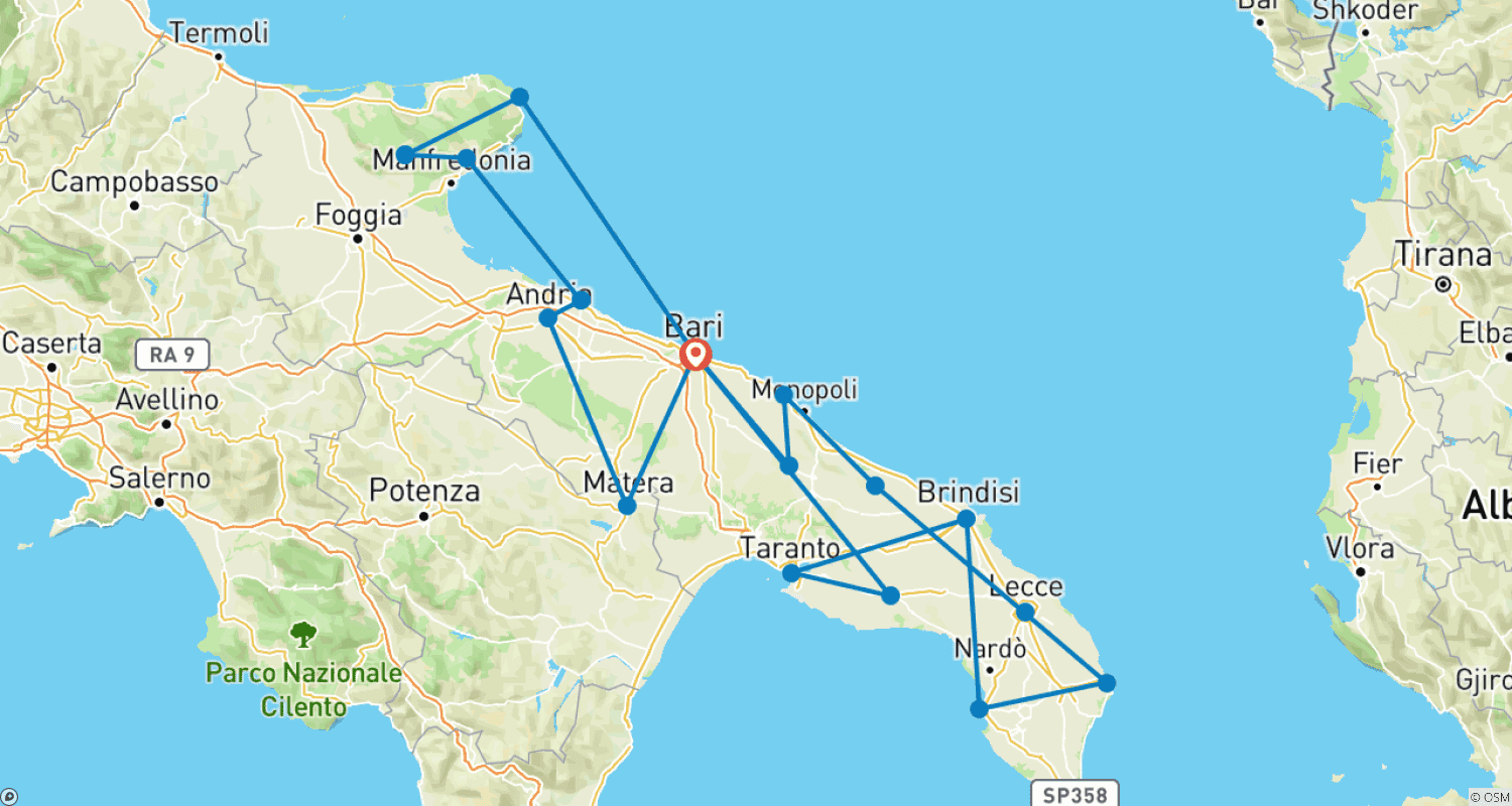 Puglia & Matera 12 days tour departure every Fridayのルートマップ