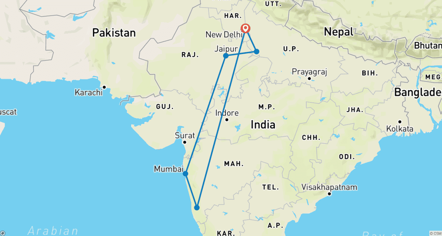 Mapa do percurso de Triângulo Dourado com Goa e Mumbai