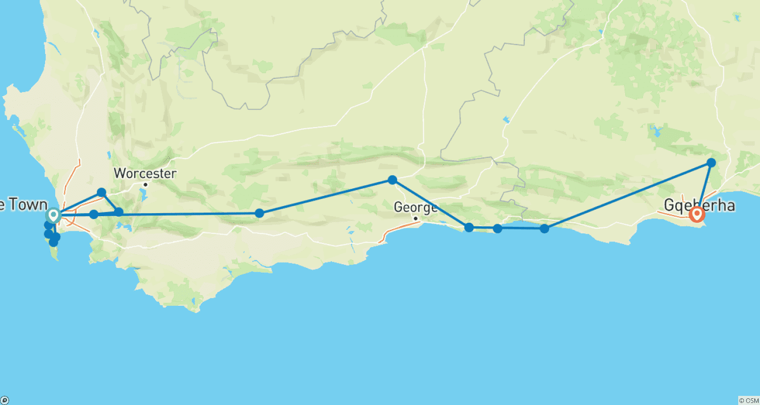 خريطة مسار Cape Town, Garden Route & Safari - 11 days