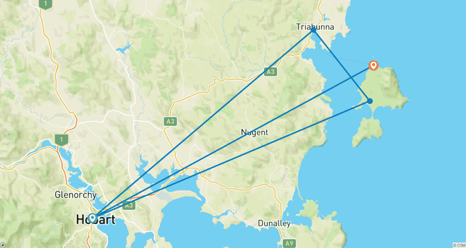 Mapa trasy: Zimowa ucieczka na Wyspę Marii na Tasmanii