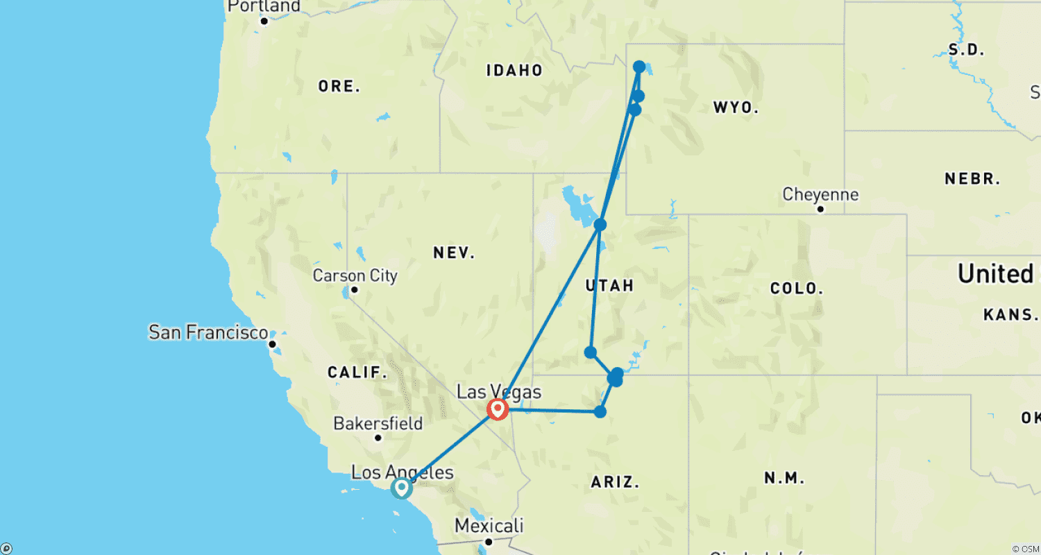 خريطة مسار 7-Day Tour of Los Angeles + Las Vegas + Grand Canyon National Park + Antelope Canyon + Bryce Canyon National Park + Grand Teton National Park + Yellowstone National Park + Salt Lake City(Bilingual:Chinese+English)