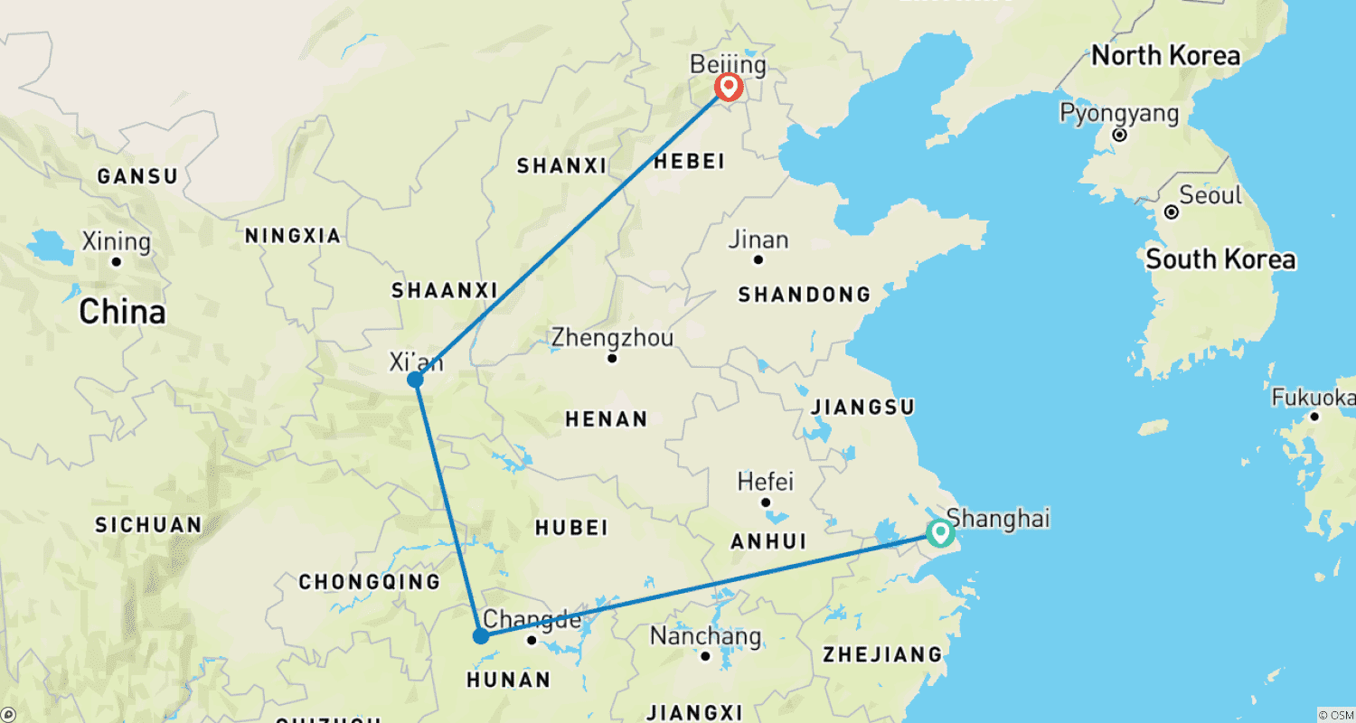 Mapa do percurso de 11 Days Incredible China With Zhangjiajie Small Group Tour (Max 16)