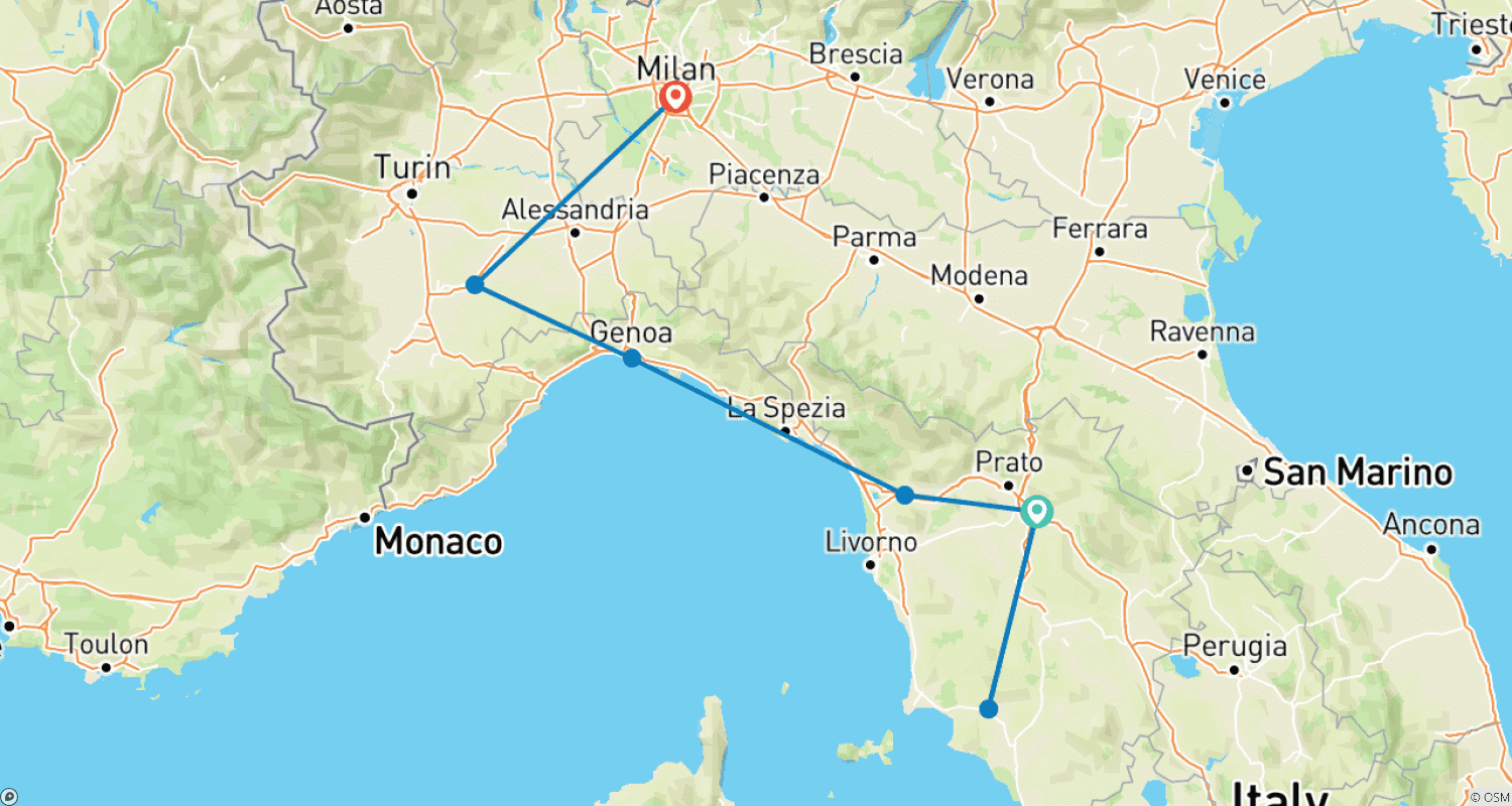 Mapa do percurso de La Dolce Vita: Tuscany & Piedmont (5 ⭐ Solo Women)