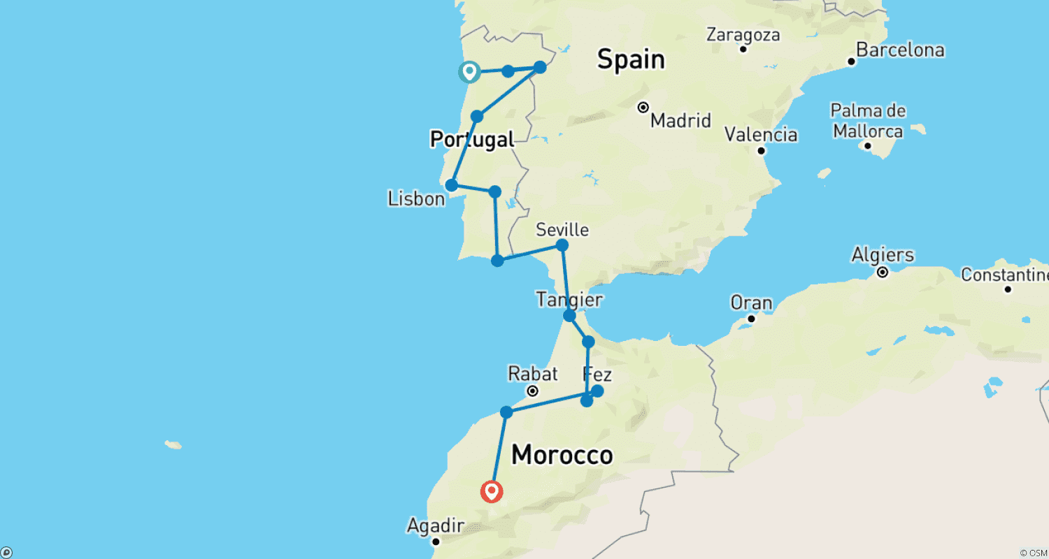 Portugal, Spain & Morocco - Bridge Between two Continents 16 Daysのルートマップ