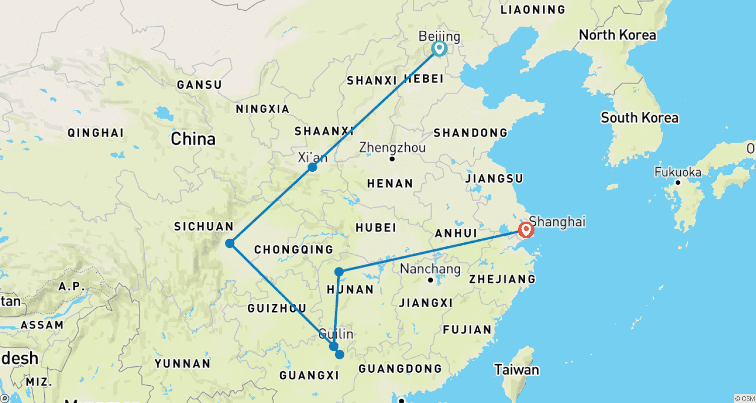 خريطة مسار جولة الصين البانورامية لمدة 15 يومًا مع Guilin وZhangjiajie (مجموعة صغيرة بحد أقصى 16)