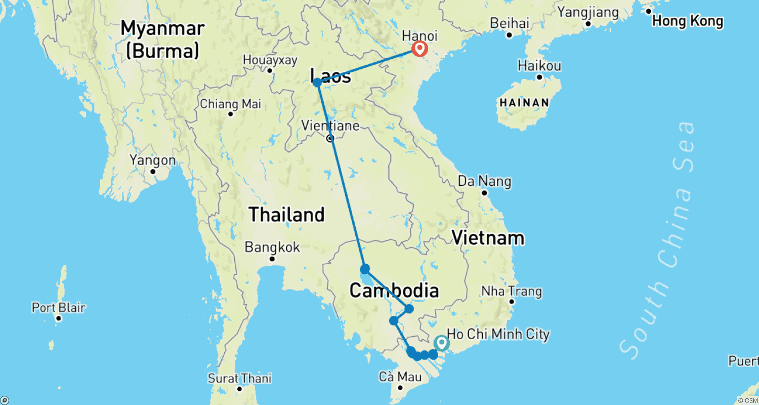 Mapa trasy: WIELKA PODRÓŻ PO 3 KRAJACH: WIETNAM - KAMBODŻA - LAOS (w górę rzeki)