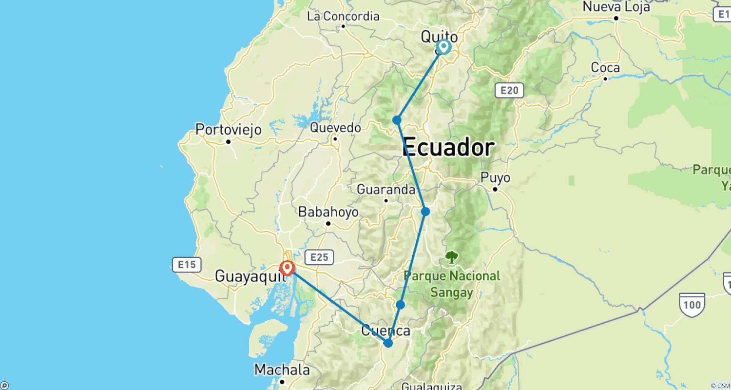خريطة مسار 5-Day Quito & Volcanoes Avenue: Quilotoa, Ingapirca, Cuenca, Guayaquil