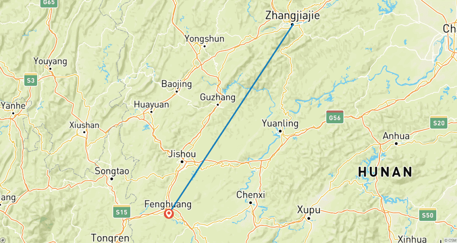 خريطة مسار جولة أفضل ما في Zhangjiajie إلى Fenghuang (مجموعة صغيرة بحد أقصى 16) لمدة 5 أيام | مغامرة باقة الصين