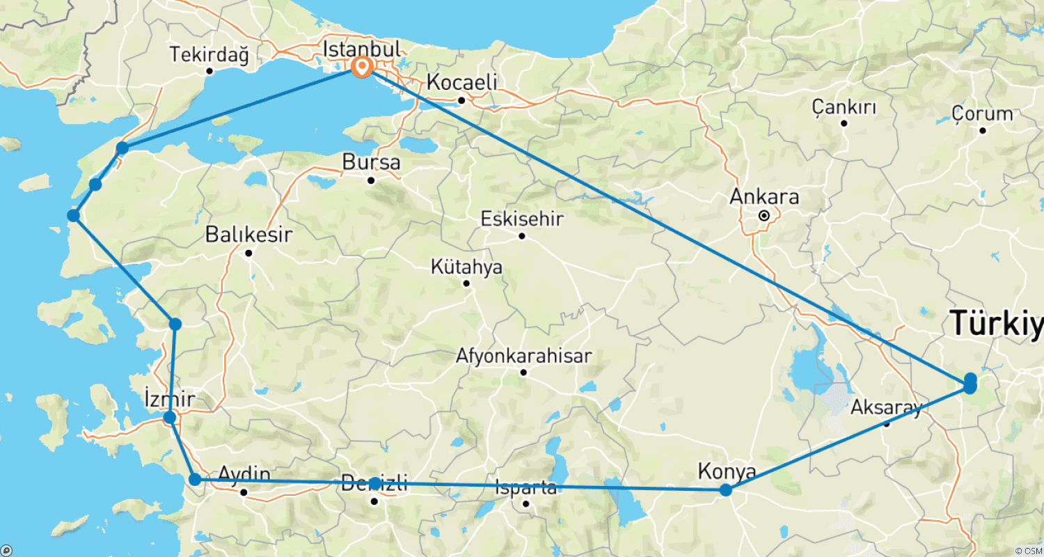 Mapa do percurso de 10 DAYS 9 NIGHTS WONDERS OF TURKEY LUXURY TOUR