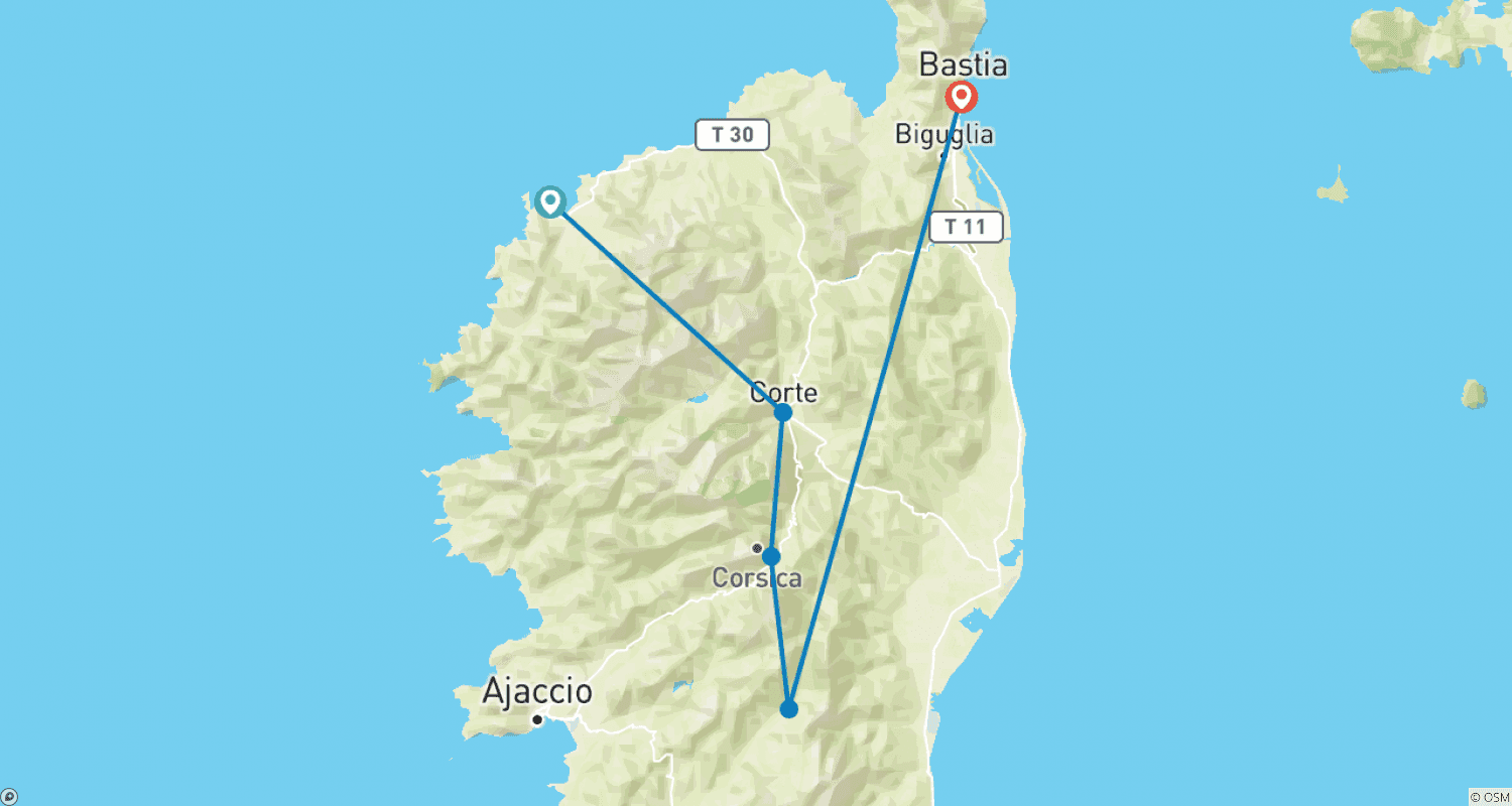 Mapa do percurso de Percorra o GR20 da Córsega