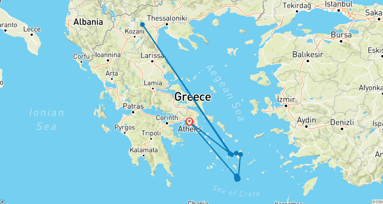 パロス、ナクソス、サントリーニ島を巡る8日間のギリシャ諸島ハイライトツアーのルートマップ