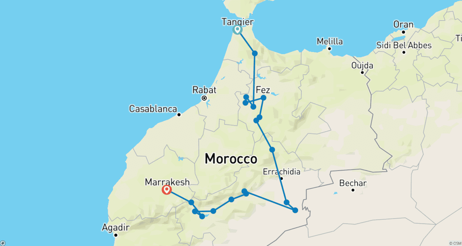 Mapa trasy: 14-dniowa luksusowa prywatna wycieczka: z Tangeru, Miasta Cesarskie i Glamping na Saharze