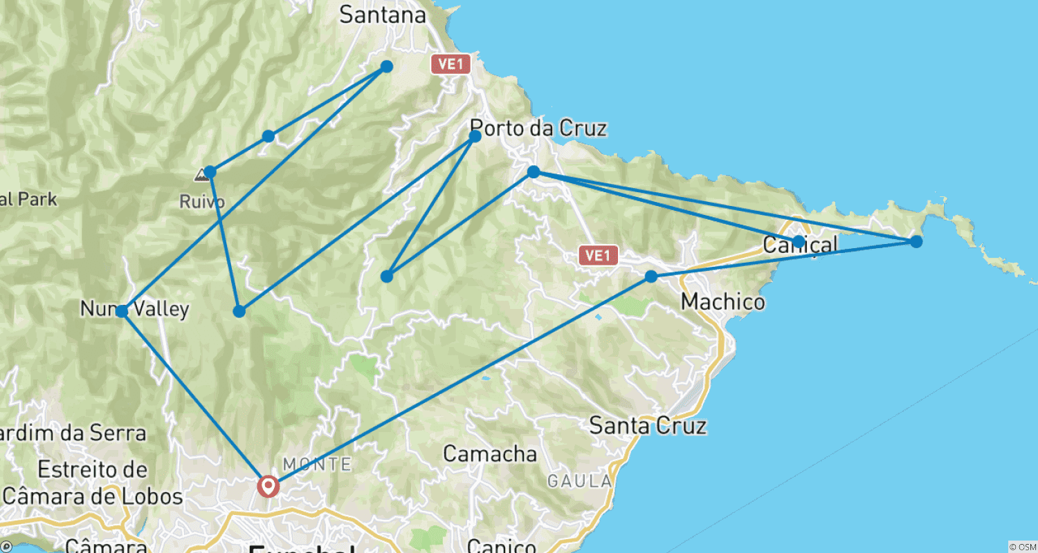Mapa do percurso de Madeira, caminhada autoguiada em um jardim extraordinário