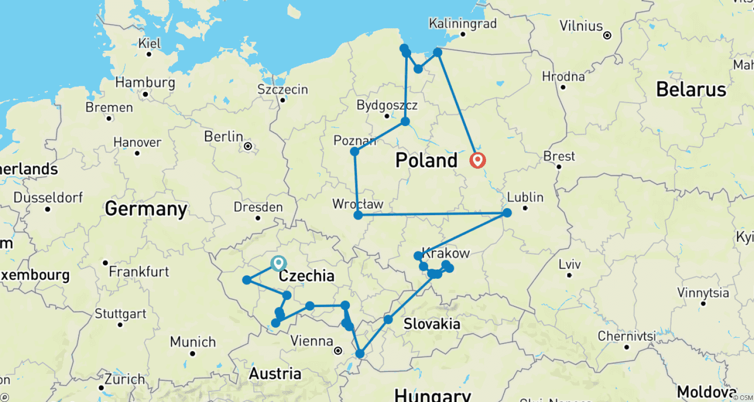 Mapa trasy: Całe Czechy i Polska