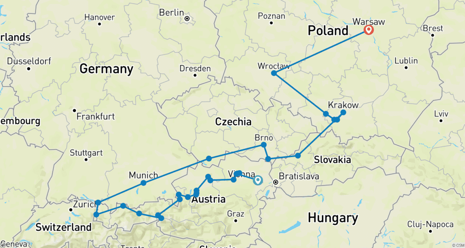 Mapa trasy: Austria, Morawy i serce Polski