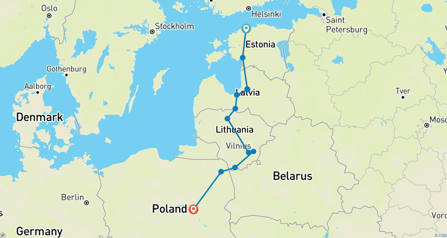 Baltic Charms From Tallinn to Warsaw - 9 daysのルートマップ
