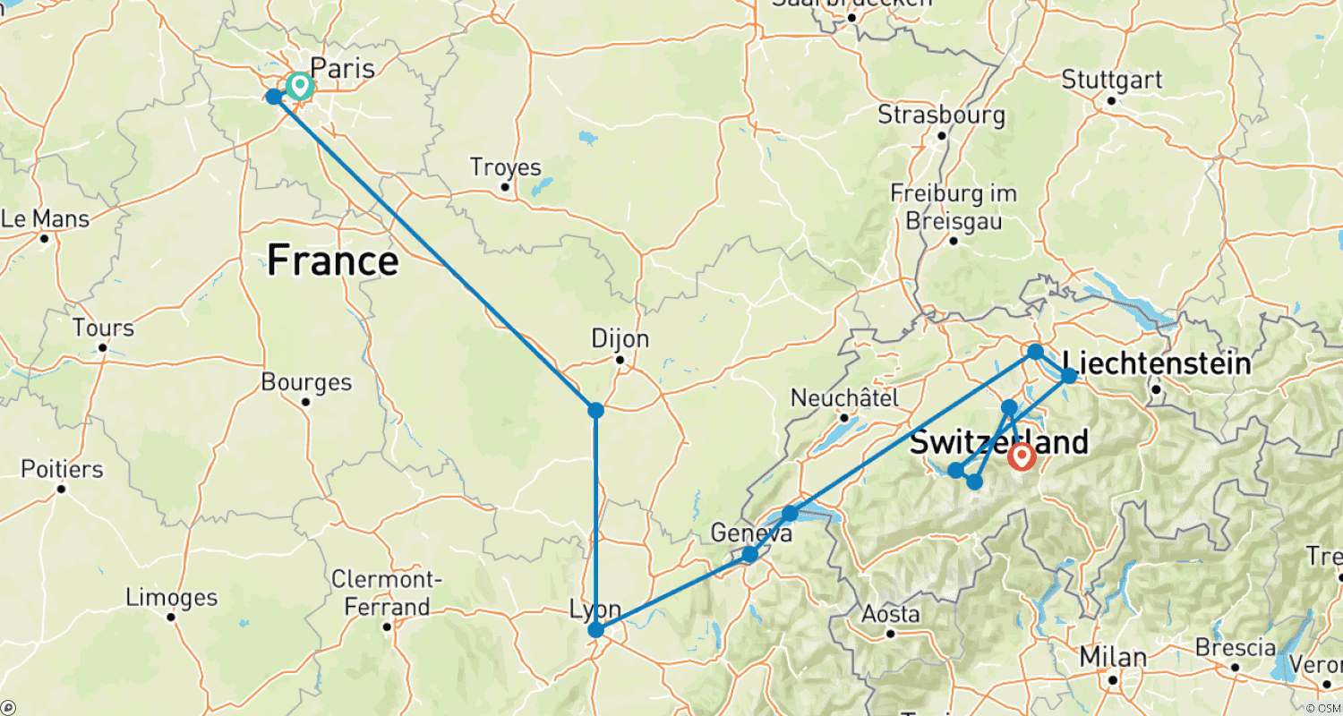 خريطة مسار Paris to Zurich A Captivating Journey - 8 days