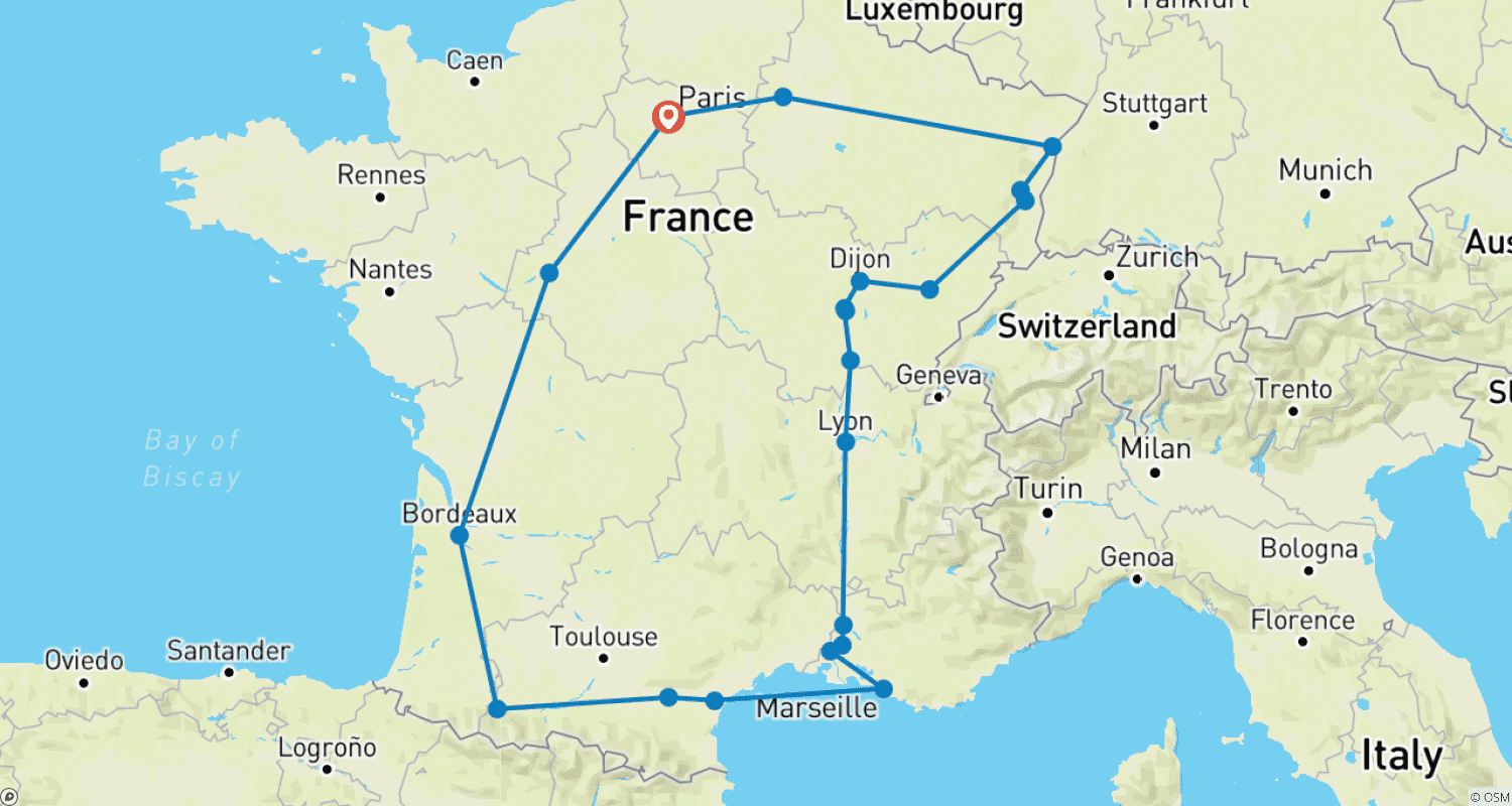 Mapa do percurso de Viagem Pelo Passado Encantador da França - 8 dias
