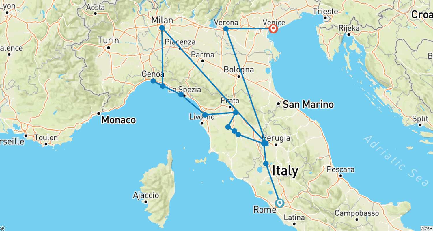 Renaissance to Romance Italian Odyssey - 11 daysのルートマップ