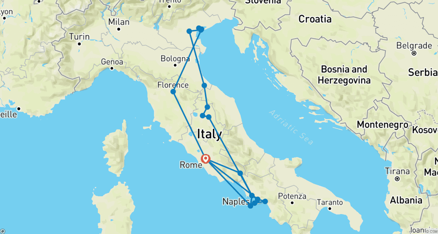 Mapa do percurso de Grande Odisseia Italiana de Roma a Veneza - 11 dias