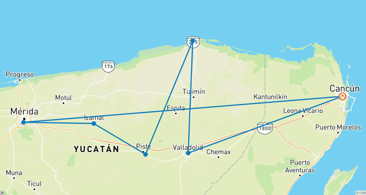 Mapa do percurso de Yucatan Wonders and Mayan Mysteries - 4 days