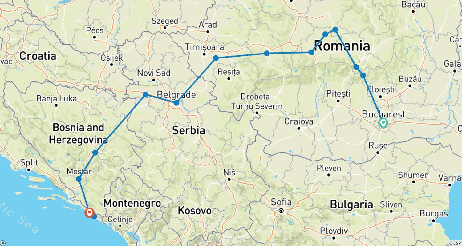 Transylvanian Castles to Adriatic Shores - 8 daysのルートマップ