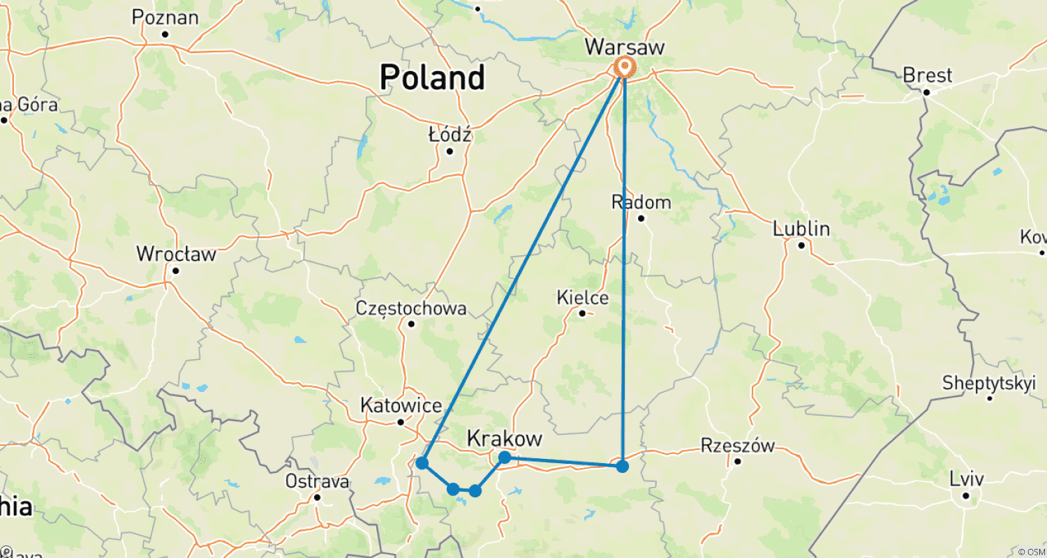 Mapa trasy: Wycieczka Szlakiem Dziedzictwa Polski – 5 dni