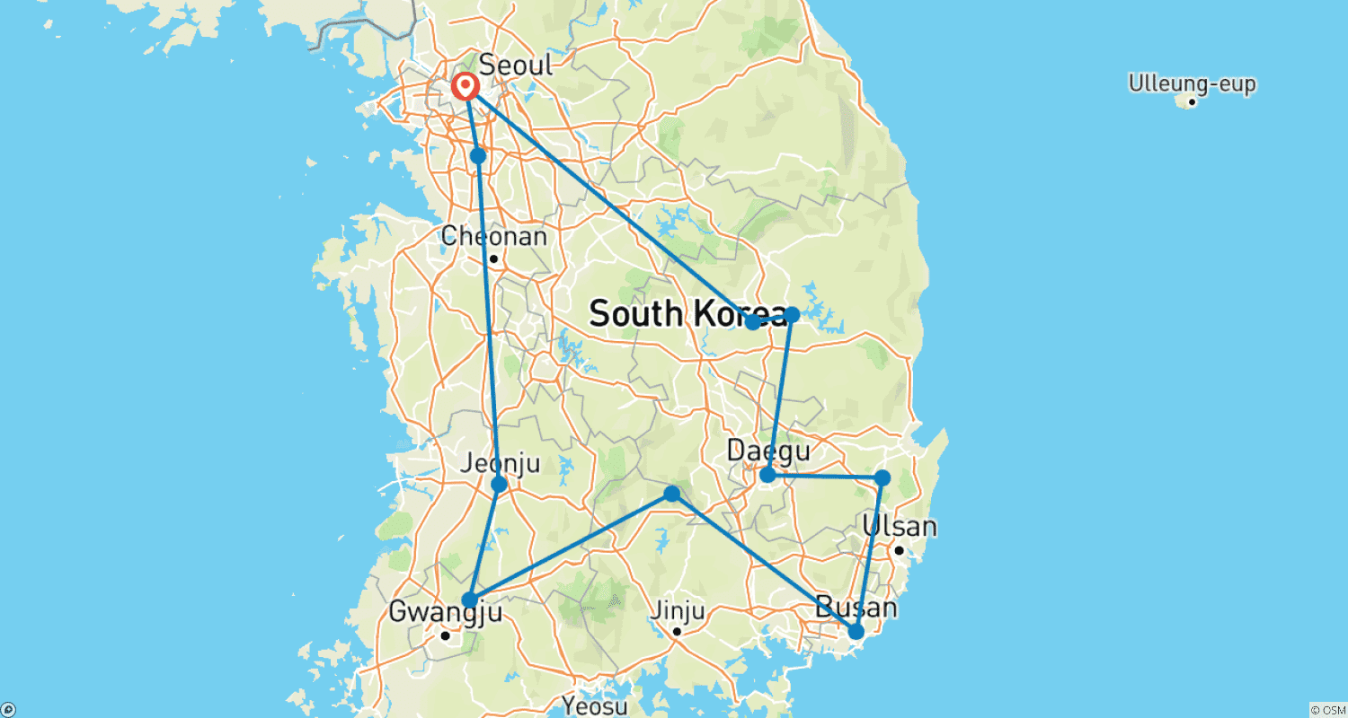 ソウルから釜山へ 韓国文化の旅 9日間のルートマップ