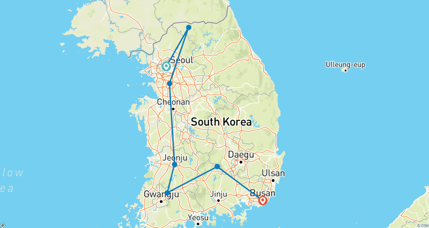 Discover Korea Palaces, DMZ, and Temples - 7 daysのルートマップ
