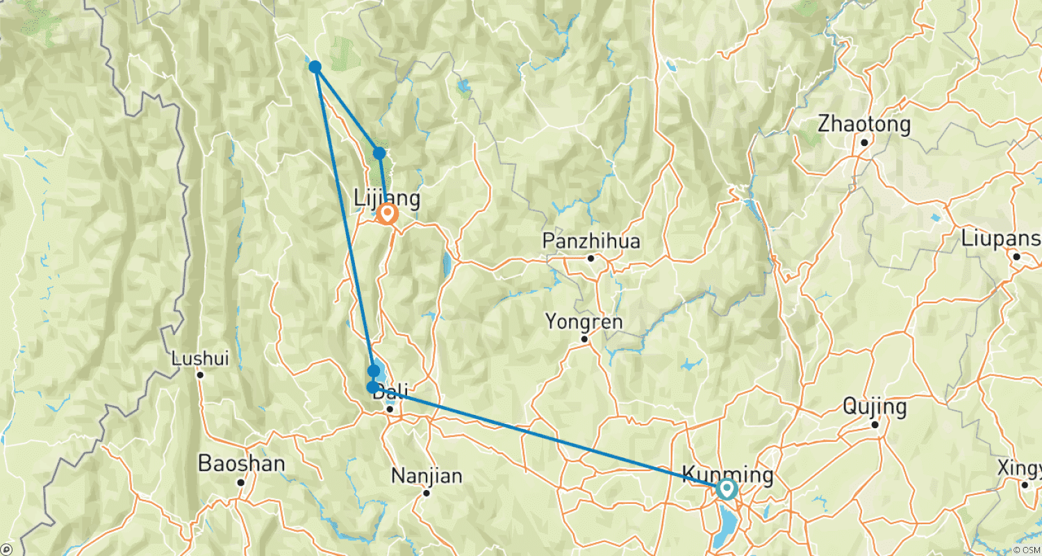 Mapa do percurso de Excursão Clássica de 8 Dias em Grupo Pequeno por Yunnan (Máx. 12) | Aventura com Pacote no Sudoeste da China
