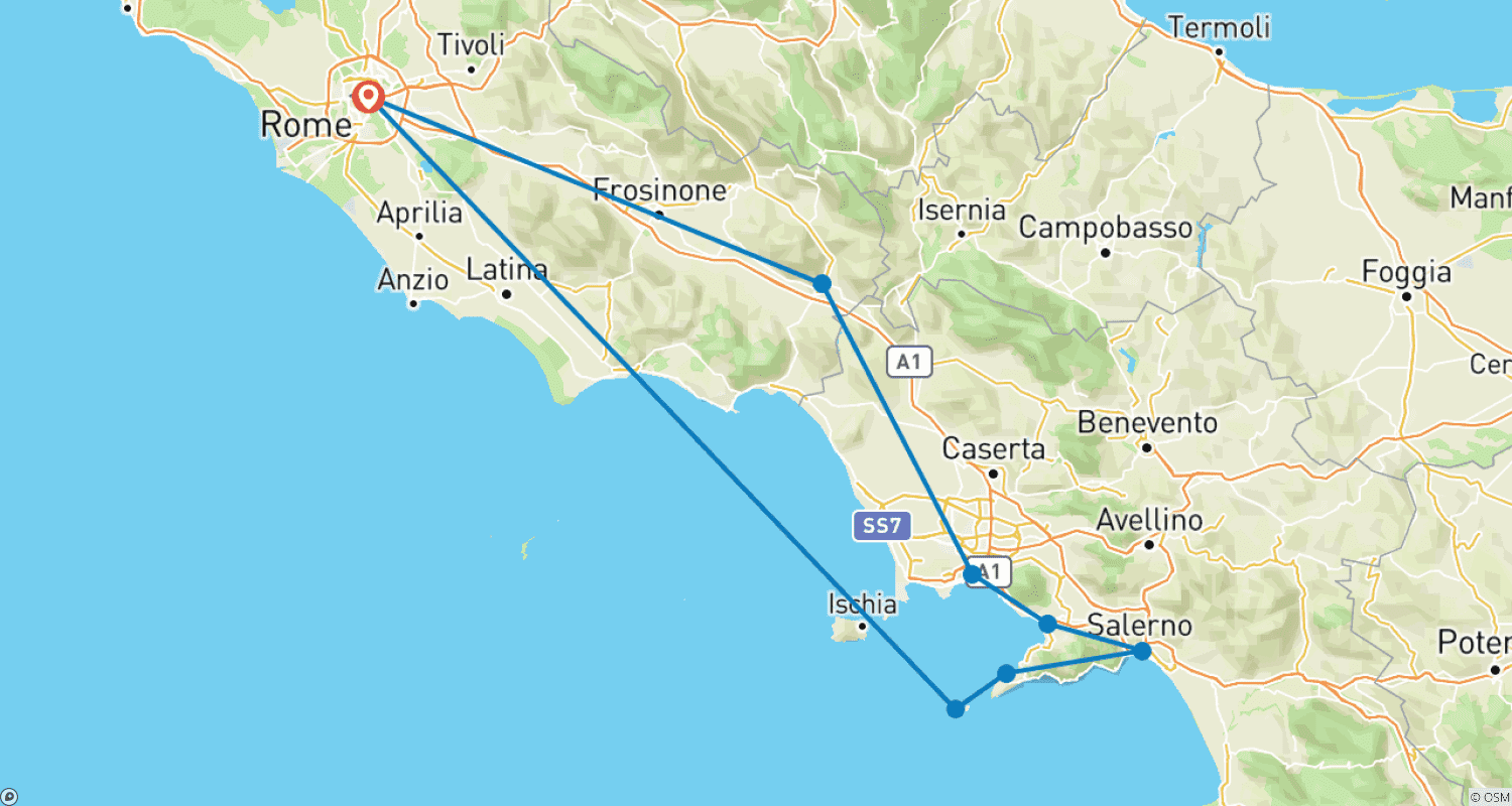 Mapa do percurso de Sorrento, Capri and Pompeii