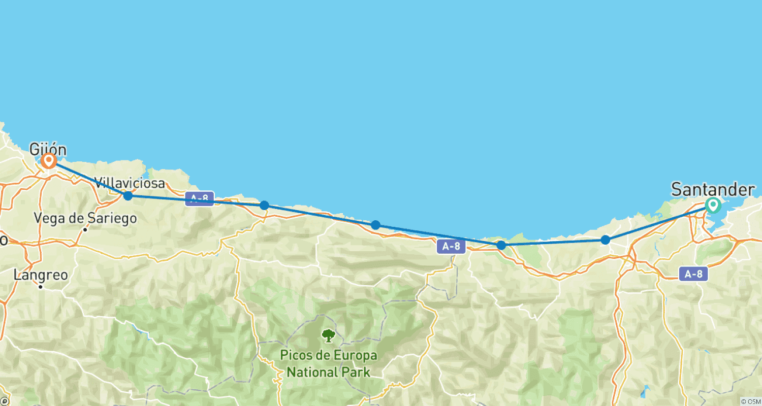 خريطة مسار Santander to Gijón. Along the Coast. 7 Nights. Self-guided