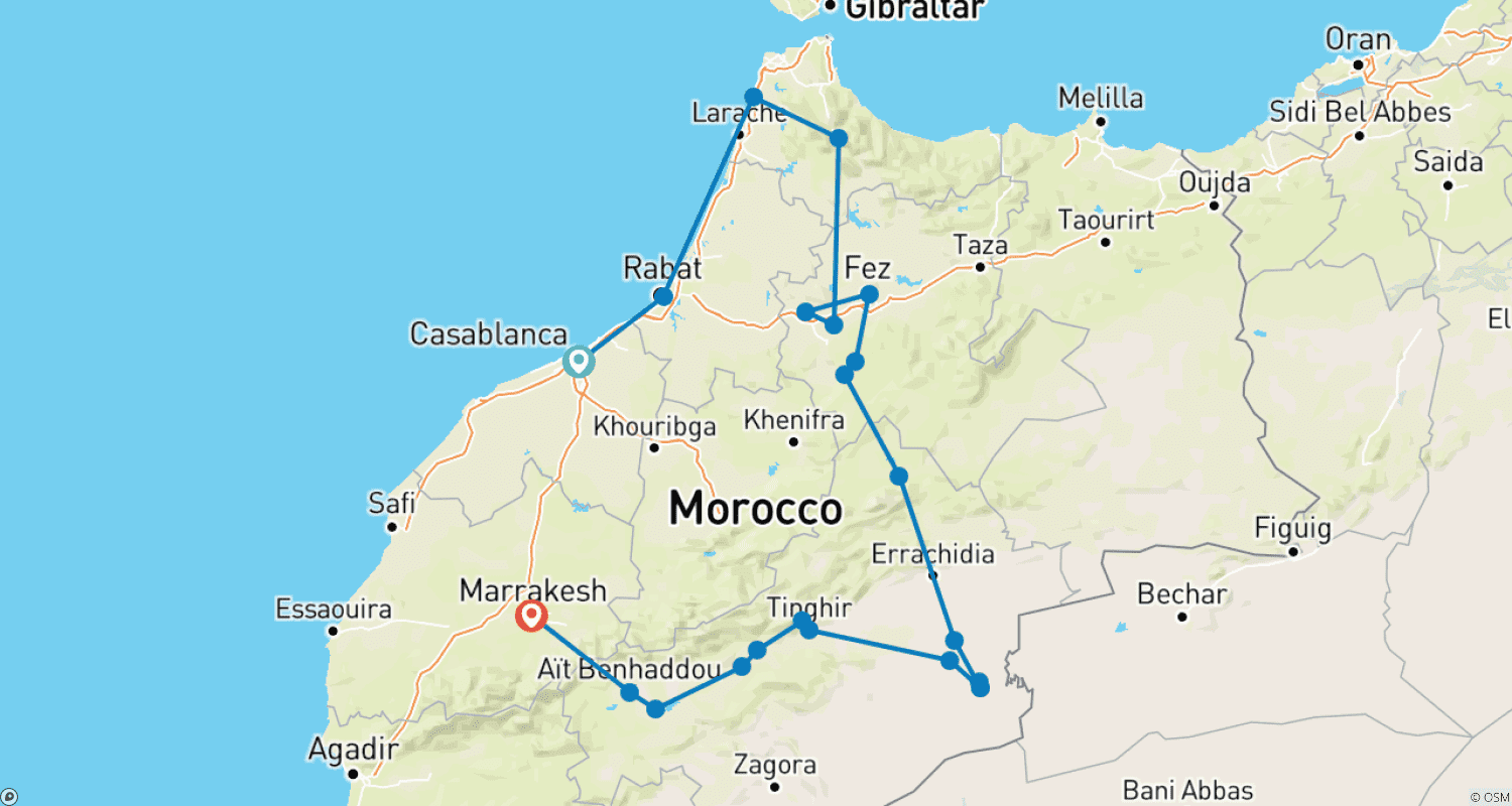 Mapa trasy: 10-dniowa prywatna wycieczka z Casablanki do Marrakeszu, Chefchaouen, Fezu, przez Pustynię Sahara