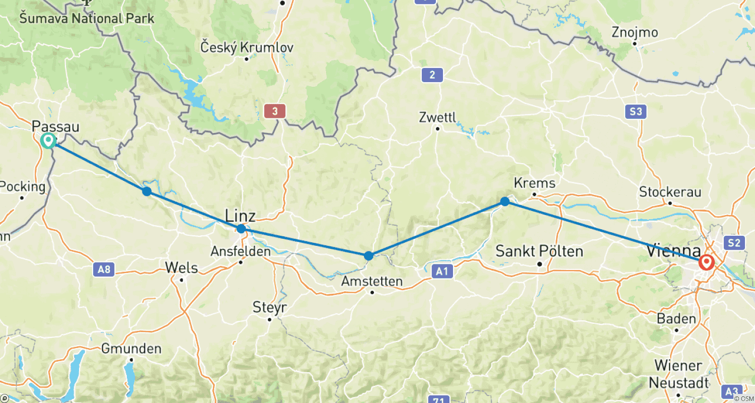 Mapa trasy: Danube cycle path, Schärding/Passau - Vienna