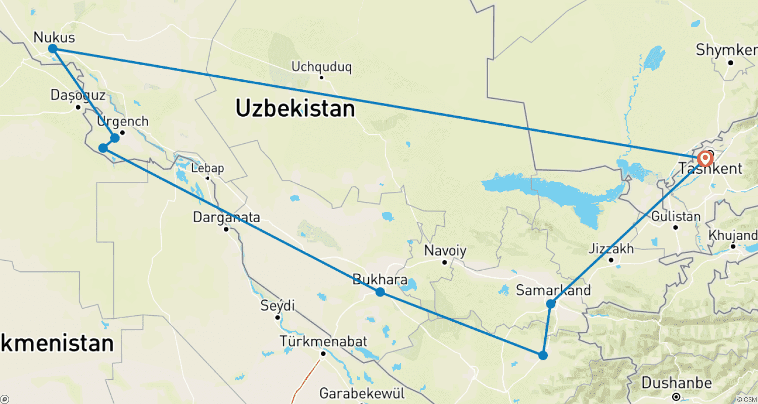 Mapa trasy: Ponadczasowy skarb Uzbekistanu 10-dniowa eksploracja