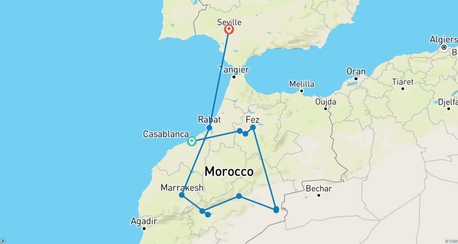 Mapa do percurso de Marrocos com Orçamento Limitado