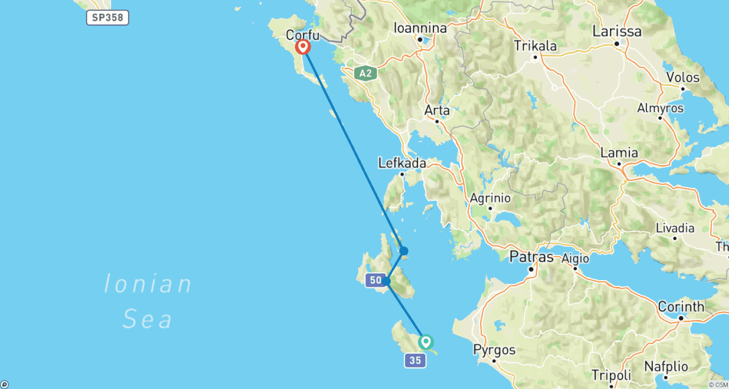 Mapa do percurso de Passeio pelas Ilhas Jônicas: de Zakynthos a Corfu