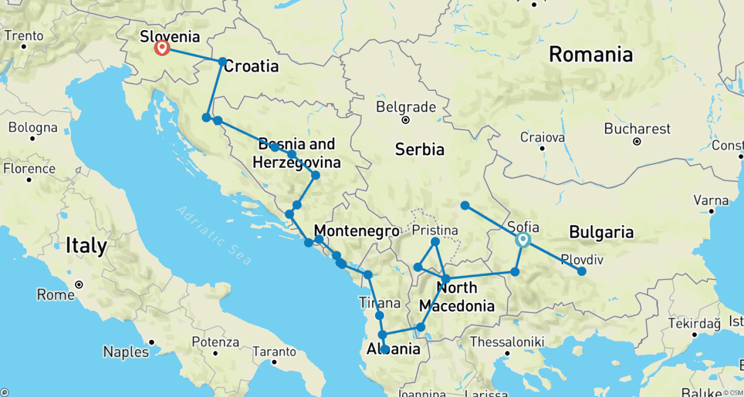 Mapa do percurso de All the Balkan Countries: A 16 Day Private Tour