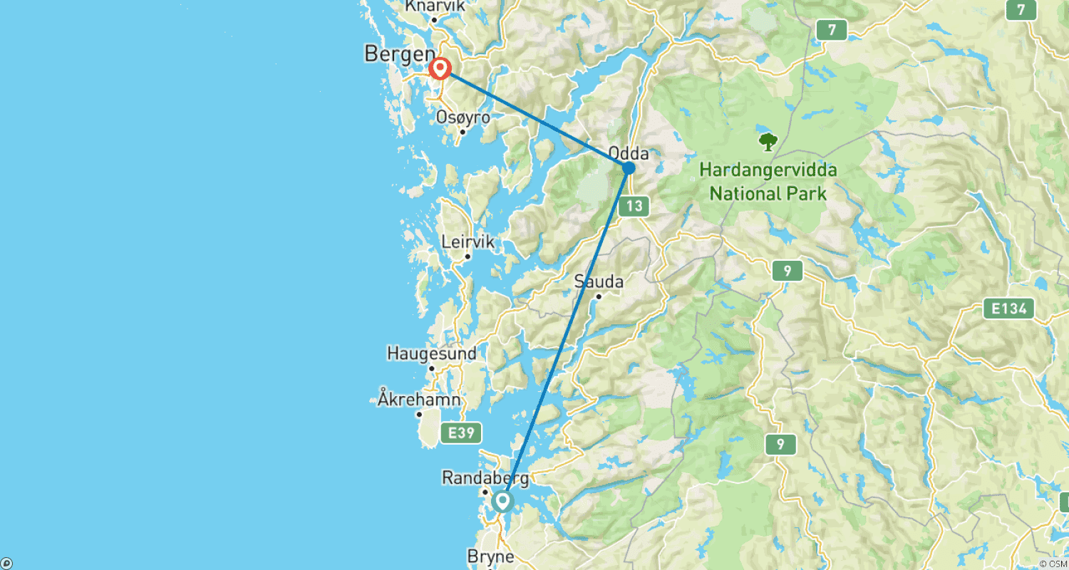 Walking the Fjords of Southern Norwayのルートマップ