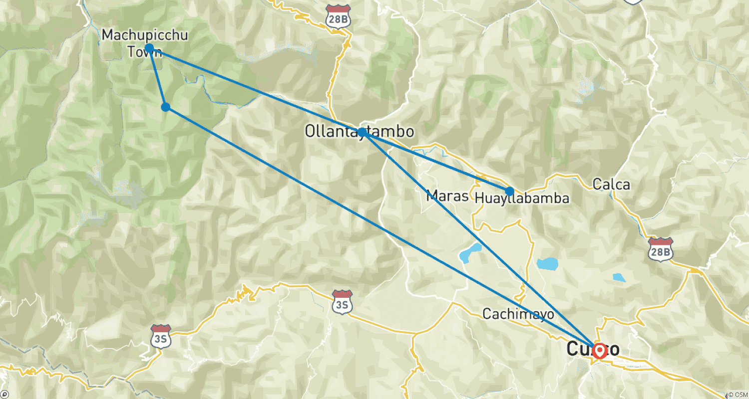 Mapa trasy: 2-dniowa Prywatna Wycieczka Premium do Machu Picchu: Pociąg Vistadome i Hotel 4-gwiazdkowy