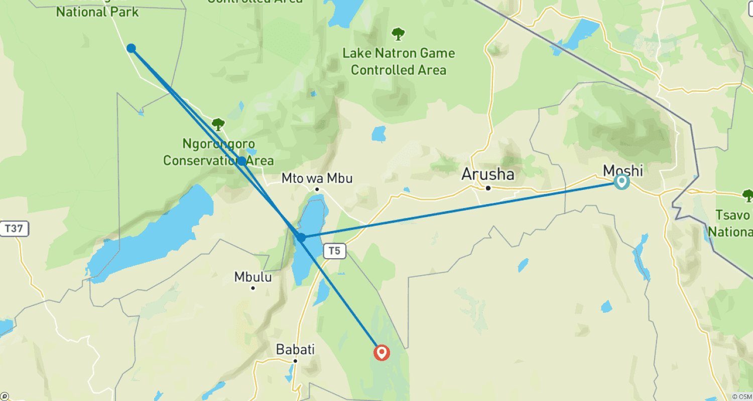 Mapa trasy: Tanzania 7-dniowe safari: Uosobienie Północnego Szlaku – Przygoda z Naturą i Dziką Przyrodą
