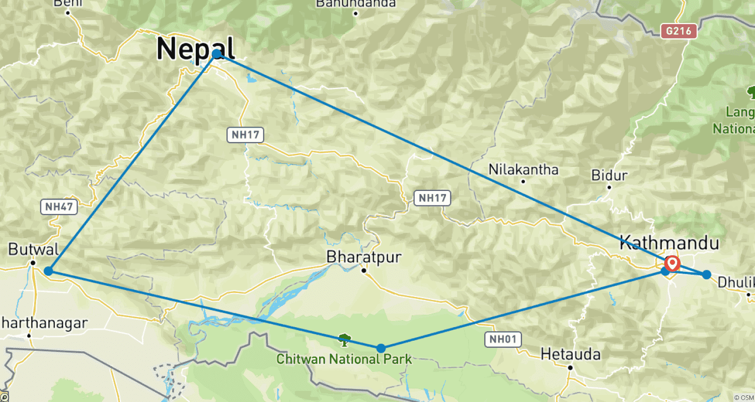 Mapa do percurso de Explore o Nepal: Kathmandu, Parque Nacional de Chitwan, Lumbini e Pokhara com passeios culturais, safári na selva e vistas do Himalaia.